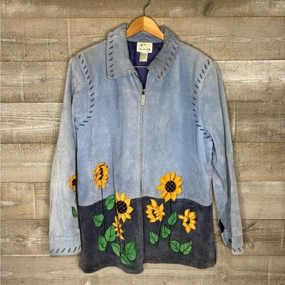 Quacker Factory large 100% leather Blue and Gray sunflower summer Jacket - Picture 1 of 5